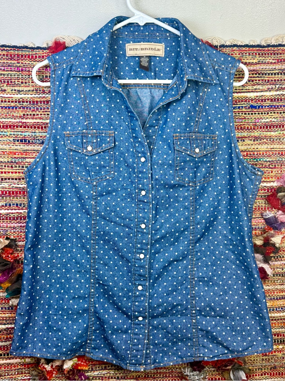Bit & Bridle Blue Polka Dot Sleeveless Denim Shirt Medium